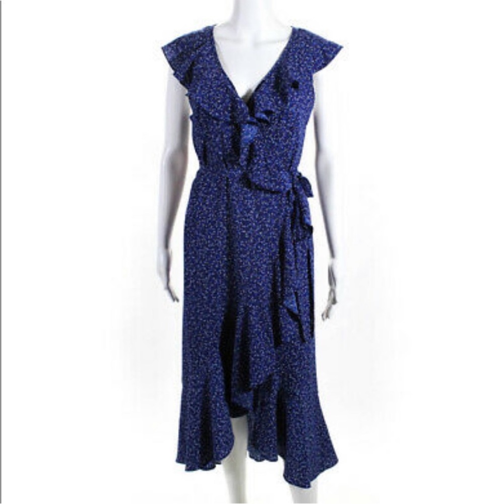 Max Studio Blue White Polka Dotted Wrap Midi Dress Confetti XS, summer party